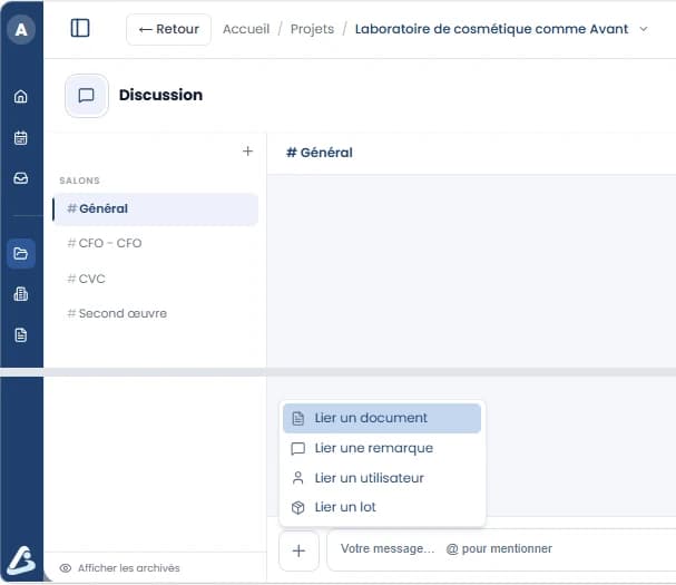 Discussion de projet : lier un document, une remarque, un utilisateur ou un lot