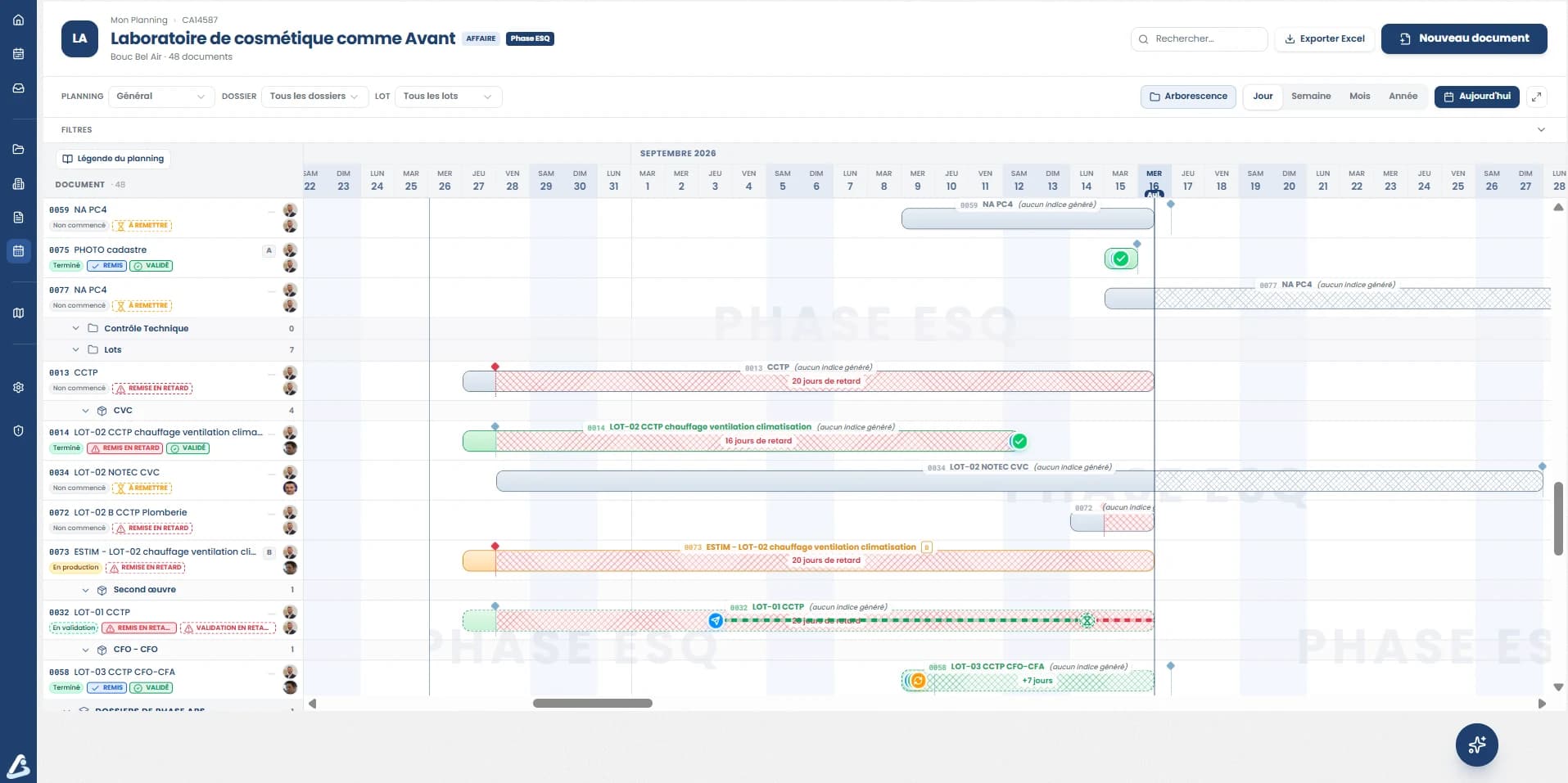 Planning de conception d'un projet dans AGIBAT : documents, remises et retards par jour
