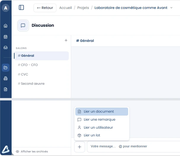 Discussion de projet : lier un document, une remarque, un utilisateur ou un lot