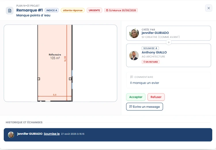 Remarque posée sur un plan, avec destinataire, échéance et échanges